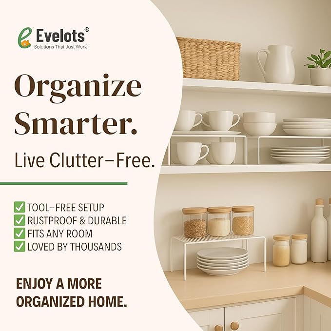 Evelots Kitchen Cabinet Wire Shelf Organizer/Rack - 6 Pack Sturdy Metal Shelf Risers - Double Your Counter Space - Great for Kitchen, Freezer, Pantry and Bathroom - Rustproof - White
