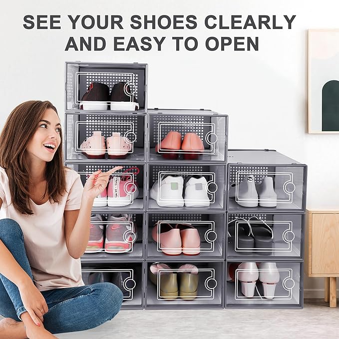Large Shoe Organizers Storage Boxes for Closet, Dark Gray