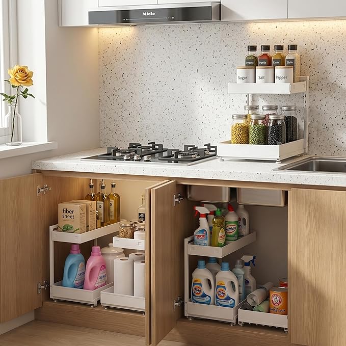 Under Sink Organizer, Bathroom Counter Organizer, 2 Packs 2-Tier Metal, Under Cabinet Storage, Makeup Storage, Adjustable Height & Slide-Out Drawer for Kitchen Bathroom, White
