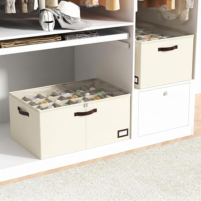 OIAHOMY 2 Pack Shoe Organizer for Closet, Large Foldable Shoe Storage Bins with Dividers and Reinforced Handles, Each Clear Cover Sneaker Box Fits Up to 24 Pairs for Entryway and Bedroom, Beige
