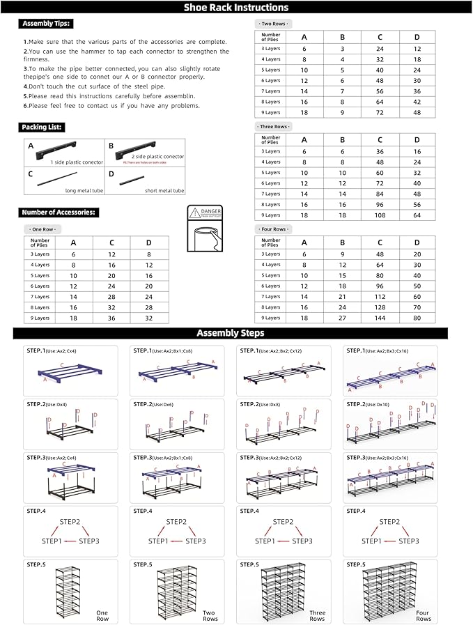 SMILHELTD Large Shoe Rack 4 Row 8 Tier for Entryway Holds 64 Pairs, Metal & Plastic Shelves, DIY Assembly, Space Saving Storage Unit for Garage Closet, 66.1" W x 49.2" H