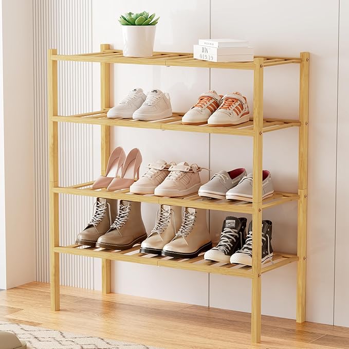 Smiry Bamboo Shoe Rack, 4 Tier Free Standing Wooden Shoe Organizer, Stackable Wood Shoe Storage Shelf for Closet, Entryway, 12 Vertical Slats, 2+2 Stack Standard Legs, 26.8"x11"x26", Natural