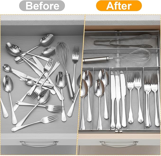 2 Pcs Utensil Drawer Silverware Organizer, Sliver