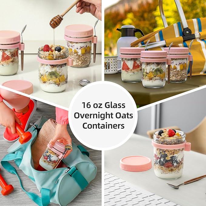 LANDNEOO 4 Pack Overnight Oats Containers with Lids and Spoons, 16 oz Glass Mason Jars with Airtight Lids, Overnight Oats Jars for Milk, Cereal, Fruit-Pink