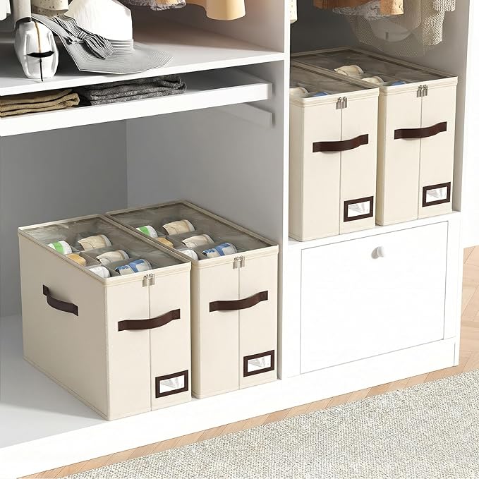 OIAHOMY 4 Pack Shoe Organizer for Closet, Foldable Shoe Storage Bins with Adjustable Dividers, Stackable Oxford Cloth Sneaker Boxes for Entryway Bedroom, Fits Up to 32 Pairs, Beige
