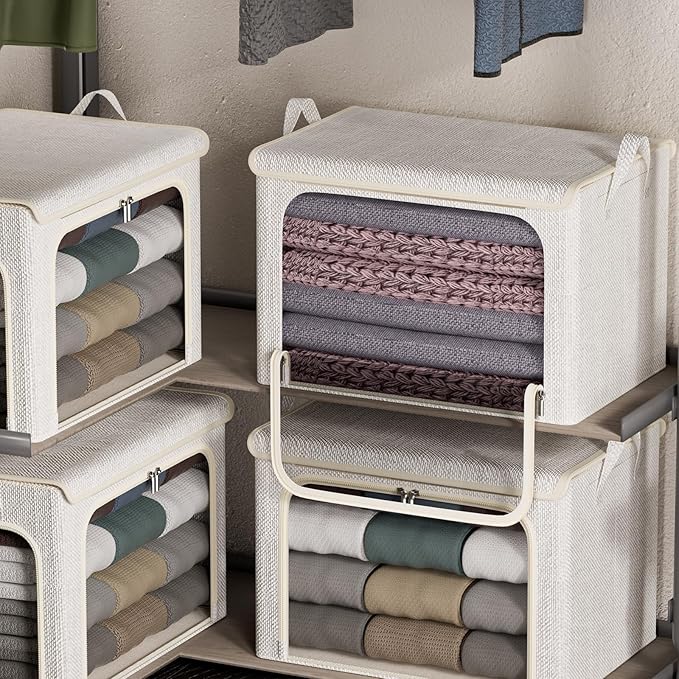 4 Pack Clothes Storage Bins with Metal Frame - 66L Stackable Storage Box with Lid,Foldable Storage Container Organizer for Clothes,Linen Fabric Storage Box with Clear Window&Zippers&Handles