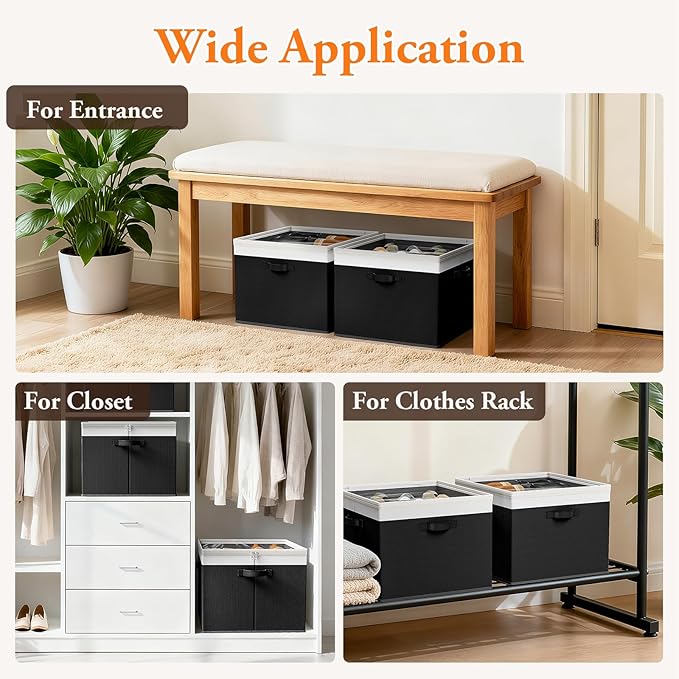 StoreHappily Shoe Organizer for Closet - 2 Packs Hold up to 32 Pairs, Large Shoe Storage Organizer Containers with Adjustable Dividers, Clear Cover, Leather Handles for Heels, Boots, Sneakers (Black)