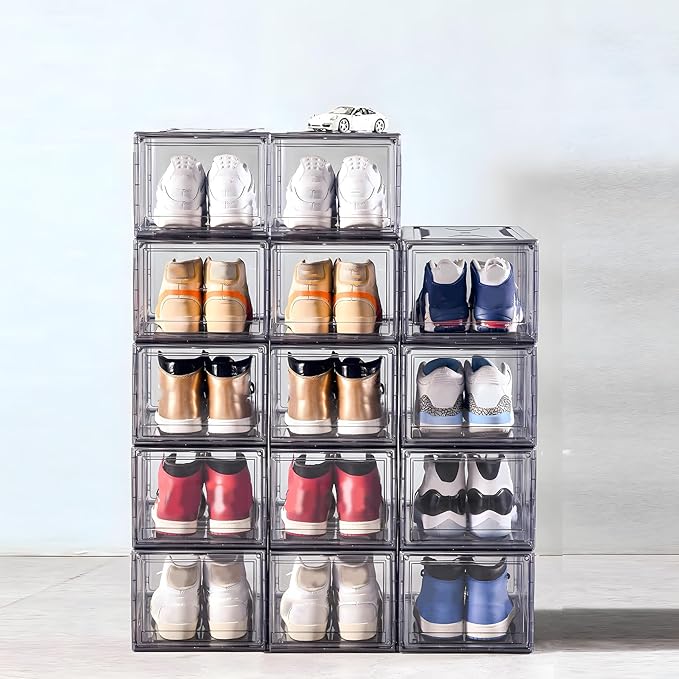 12 Pack Acrylic Clear Shoe Boxes– Ultra Clear Plastic Stackable Sneaker Storage For Sneakerhead. Professional Grade Shoe Display Case with Magnetic Door .Boots and Hat Organizer.Fits US Size 15