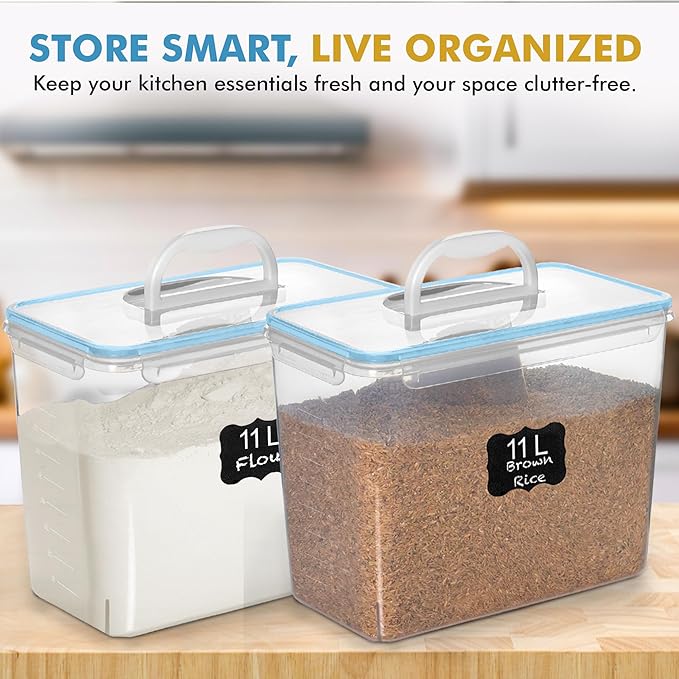 Shazo 2 PC (11L | 372 oz) Flour Sugar Storage Containers with Easy Carry Handle - Plastic Extra Large Food Storage Containers with Lids for Rice Cereal, BPA Free & Airtight Kitchen Pantry Organization