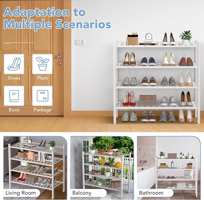 Haddockway 4 Tier Bamboo Shoe Rack Storage Organizer, Multifunctional Free Standing Stackable Shoe Shelf with Grid Panel for Closet,Hallway,Entryway,Small Space 27"x11"x26"