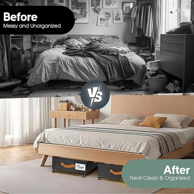 Under Bed Storage with Wheels, 2 Pack (36L Each)| Low Profile Storage Organizer with Clear Window, Double Zipper & 360ยฐ Locking Wheels โ Rolling Metal Drawer for Clothes, Shoes, & More (Black)