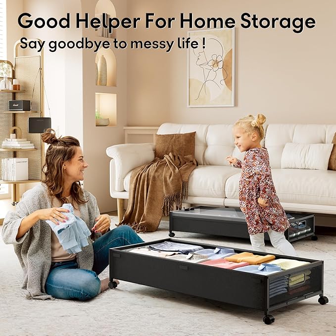 Under Bed Storage with Wheels,4 Pack Under Bed Storage Containers,Underbed Shoe Storage Bedroom Large Capacity Under Bed Storage with Lid for Clothes Shoes Toys Blankets