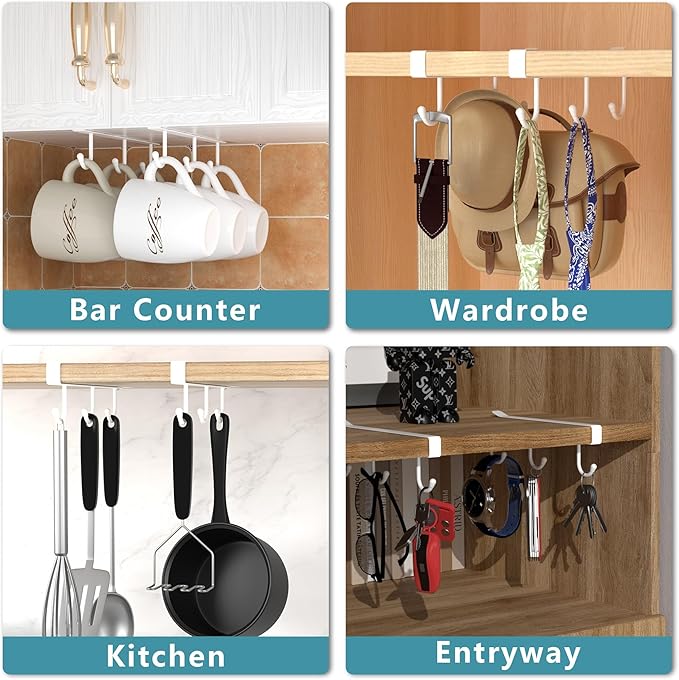 ECROCY Coffee Mug Holder Under Cabinet, 3pcs Coffee Cup Holder Only Fits Flat Shelf Without Any Lip, Clip-On Coffee Mug Organizer No Drilling Free Damage
