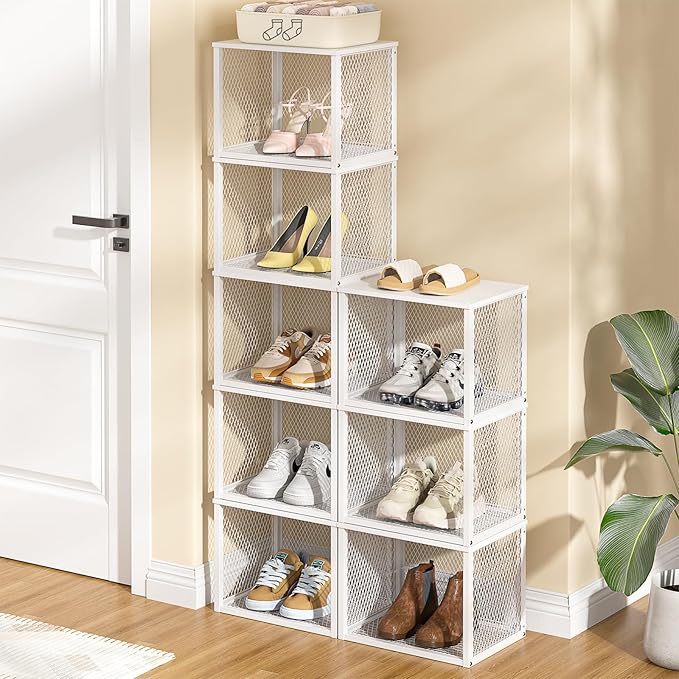 2 Pack Stackable Closet Organizers and Storage Basket, Closet Shelves with Wood Top Extra Storage, Multifunctional Clothes Organizer Bins/Cube Storage Drawer for Wardrobe Kitchen Laundry Room, White