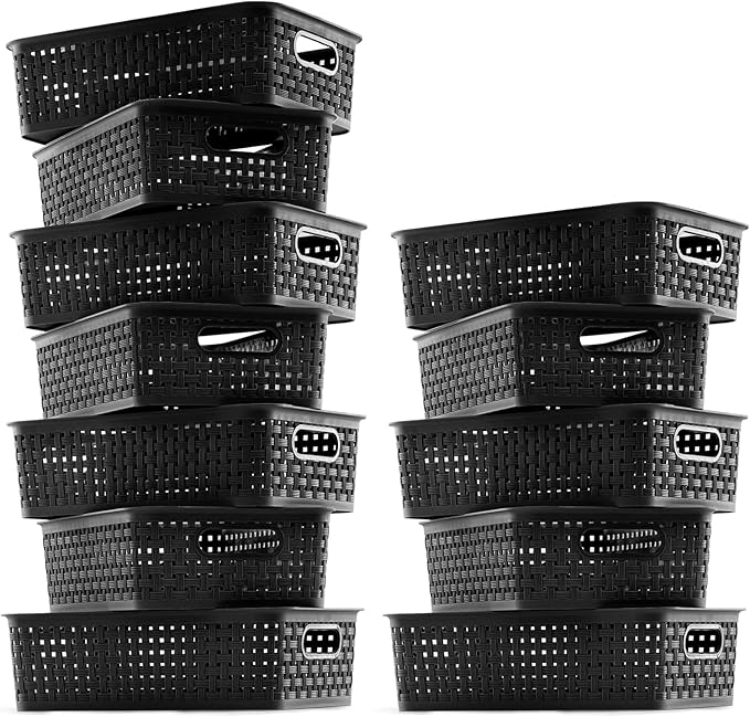 Small Plastic Storage Baskets for Pantry & Cabinets, 12-Pack, Black