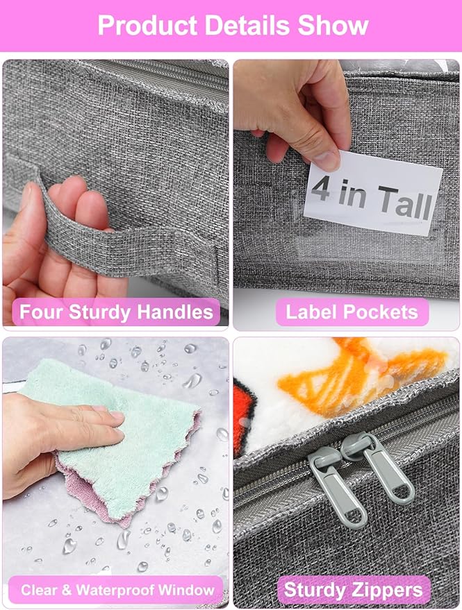 punemi 4 inches Under Bed Storage Containers, Low Profile Underbed Storage, NO STRUCTURE, Soft Foldable Underbed Cloth Storage Bags, Zipper Blanket Storage Container, 2Pack, Grey, 20x40x3.7in