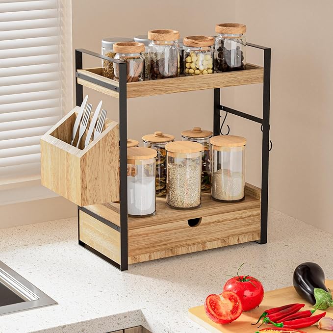 2-Tier Bathroom Counter Organizer with Drawer, Basket & Hooks, Light Brown