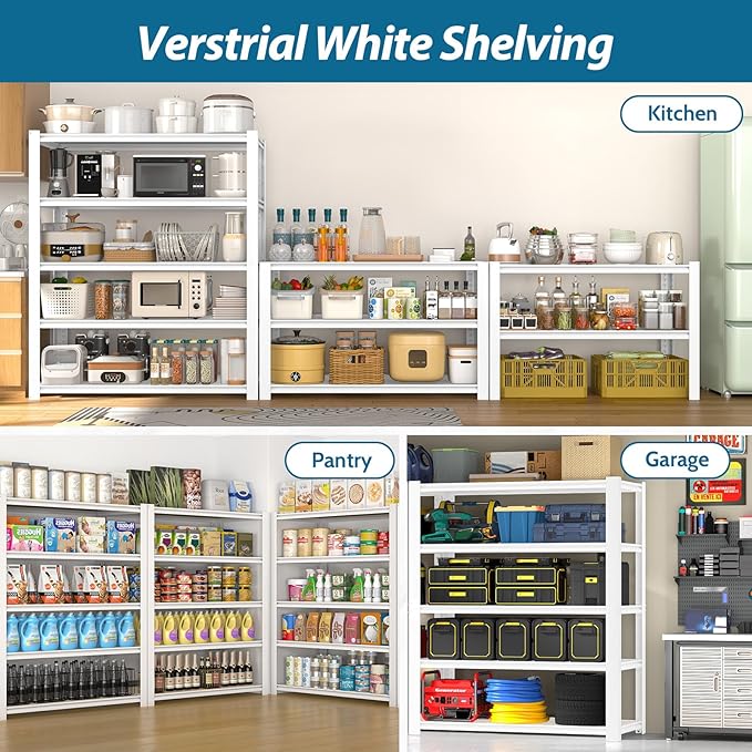 PrimeZone 28" W x 12" D x 59" H Closet Storage Shelves - 5 Tier White Metal Connector Shelving, Adjustable Heavy Duty Garage Shelves, Utility Rack Organizer Shelf for Kitchen Pantry Closet, 2 PCS