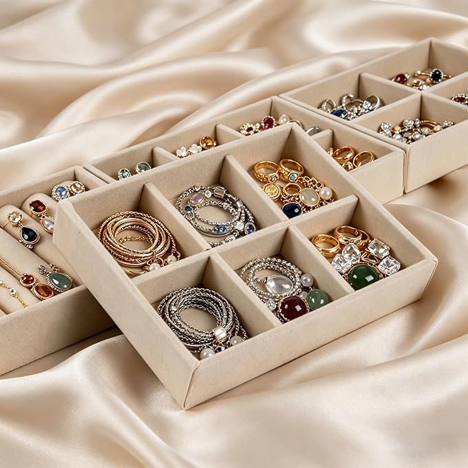 8-Piece 6" Velvet jewelry drawer organizer inserts Removable Dividers, Stackable Drawer Organizer for Rings Earrings Makeup, Vanity Dresser Storage