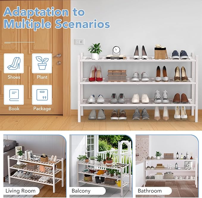 Haddockway Long 3 Tier Bamboo Shoe Rack Storage Organizer,Multifunctional Free Standing Stackable Shoe Shelf with Grid Panel for Closet,Hallway,Entryway,Small Space 34.2"x11"x20"
