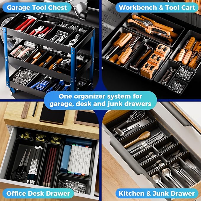 5 PCS Extra Large Toolbox Organizer Trays, Desk Drawer Organizer with EVA Non Slip Pads, Deep Drawer Dividers for Power Tools, Impact Drivers, Cordless Drills, Torque Wrenches (XL_5PCS_Black)