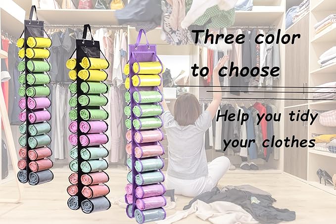 Legging Storage Bag Storage Hanger Can Holds 24 Leggings or Shirts Jeans Compartment Storage Hanger, Foldable Leggings Organizer Clothes Portable Closets Roll Holder (Purple)