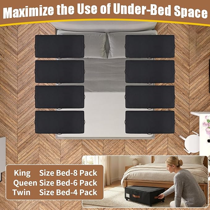 Under Bed Storage Containers with Wheels 2-Pack , 9.5" Tall Underbed Storage Drawers Organizer Bins for Clothes Shoes Toys Wrapping Paper with Extra Interior Pockets, Easy Pull-out, Heavy-duty
