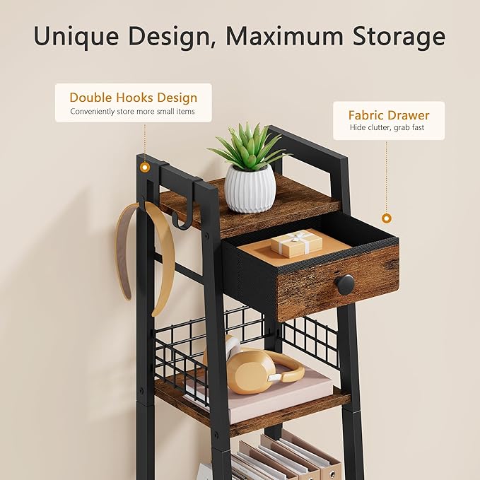 4-Tier Narrow Ladder Shelf with Drawer, Bathroom Table Stand for Small Space