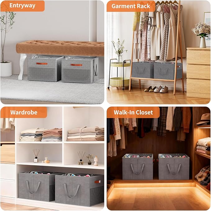 Aokeyee 2 Pack Shoe Organizer for Closet, Foldable Shoe Storage Organizer Box w/Clear Cover and 4 Reinforced Handles, Space Saving Shoes Bin Fits up to 32 Pairs, Grey