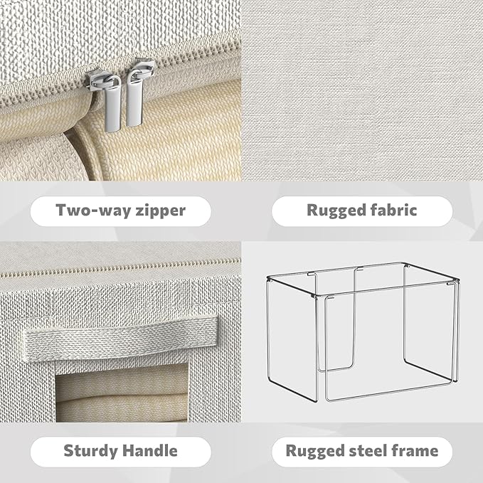 FHSQX 2 Pack Clear Window Storage Bins - Large Stackable Linen Fabric Storage for Clothes Foldable Container Organizer Set with Carrying Handles (Lvory White, 15.7x 11.8x 9.8Inch)