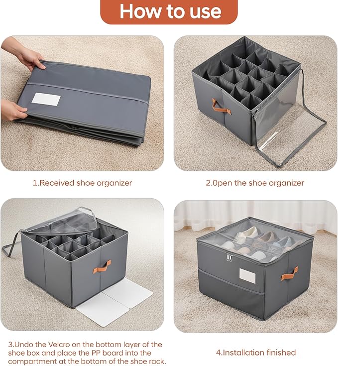 Shoe Organizer for Closet, Foldable Shoe Storage Organizer Containers with Clear Cover, Space Saving Shoes Holder with Handles, Gray (2, Large)