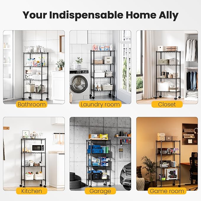 DUMOS 4-Tier Metal Wire Storage Shelves, Adjustable Standing Storage Rack Shelf with Wheels, Heavy Duty Steel Shelving Unit Organizers for Kitchen Bathroom Pantry Garage, 23.2"W×13.4"D×47.1"H, Black