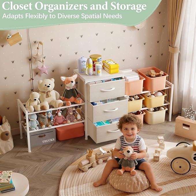 Cidaziya Expandable Closet Organizers and Storage,Wide Long 3 Drawer Dresser,White Fabric Storage Dresser, Clothes Shelves for Kids, Purse Organizer Small Shoe Rack for Closet Bedroom(47.24~71.47in)