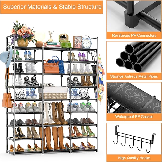 Kottwca 9-Tier Metal Shoe Rack Organizer for 50-55 Pairs - Space Saving Shoe Storage Shelf for Entryway, Closet, Bedroom, Hallway