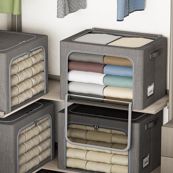 4 Pack Clothes Storage Bins with Metal Frame - 66L Stackable Storage Box with Lid,Foldable Storage Container Organizer for Clothes,Linen Fabric Storage Box with Clear Window&Zippers&Handles