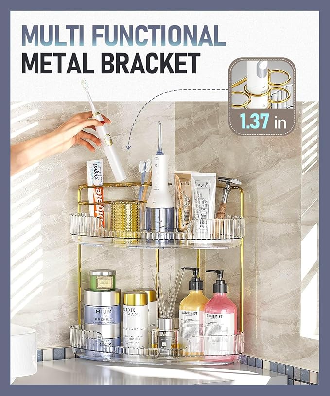 EUHOME 2-Tier Corner Bathroom Organizer Counter - Acrylic Makeup Skincare Organizer with Brush Holder, Perfume Tray for Countertop, Vanity, Dresser, Kitchen(Clear)
