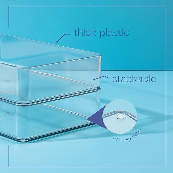 primebox Plastic Clear Acrylic Drawer Organizers. Bathroom, Kitchen, Bedroom, Utensils, Office Organizer Bins, Storage Trays. Heavy Duty, Stackable. 15" x 6" x 2" Set of 6