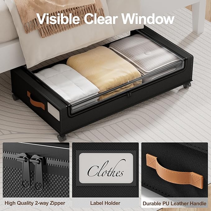 LAMU Under Bed Storage with Wheels, 4 Pack Under Bed Storage Containers with Clear Lid, XXL 60 L Underbed Storage Bins, Rolling Under Bed Metal Drawers for Clothes, Blankets, Shoes, Black