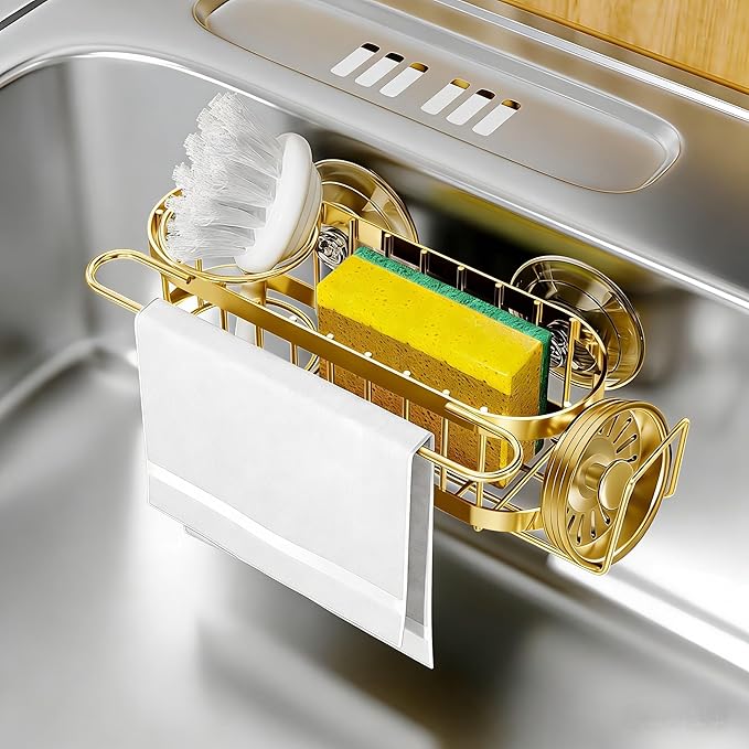 Cisily Kitchen Sink Caddy Sponge Holder in The Sink, Stainless Steel Kitchen Sink Organizer, Brush Holder, Dish Cloth Hanger, Sink Stopper Holder (Suction cup-Gold)