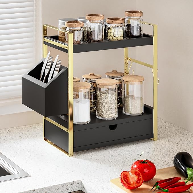 2-Tier Bathroom Counter Organizer with Drawer and Basket, Black-Gold