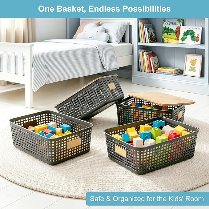 4 Pack Plastic Storage Bins with Bamboo Lids, Gray
