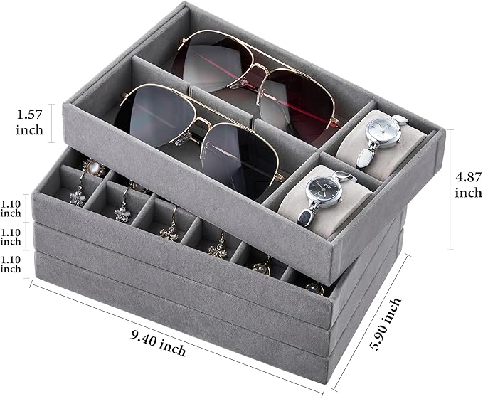 Velvet Jewelry Drawer Organizer Trays – Grey Stackable Jewelry Storage Inserts Set, 4-Layer Jewelry Tray Set for Earrings, Rings, Necklaces, Bracelets with Removable Dividers for Dresser & Vanity