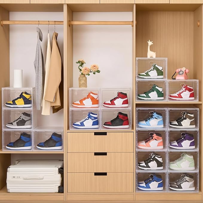 Large Shoe Boxes Clear Plastic Stackable, 8 Pack Drop Side Shoe Storage Organizer with Magnetic Door, Shoe Container Sneaker Storage Display Case Fit up to US Size 13 CLEAR