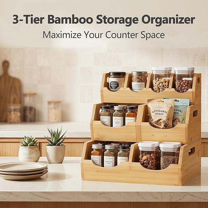 Upgraded 3 Tier Bamboo Pantry Storage Bins - Stackable Potato and Onion Storage Bin, Storage Baskets Airflow Vent Vegetable and Fruit Organizer with Handle, for Kitchen, Livingroom,Bathroom