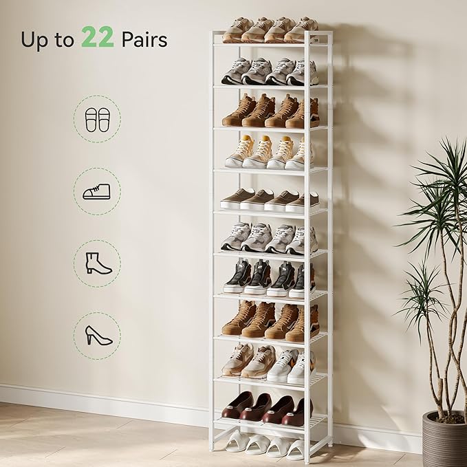 Nunsino Narrow Shoe Rack, 10-Tier Metal Shoe Organizer,Tall Shoe Shelf with Anti-Tip Strap, Max Holds 22 Pairs,Space Saving for Closet,Entryway,White
