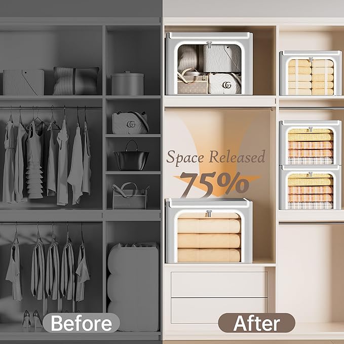 Yecaye Clothes Storage Bins with Metal Frame, 40L Foldable Clothing Storage Bins with Lid, Stackable Zippered Clothes Storage Bags, Oxford Fabric Organizer Box With Clear Window& PU Leather Handles