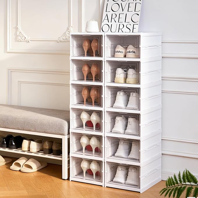 ZLLZUU Shoe Storage Box, No-Assembly 6 Tiers Foldable Shoe Organizer with Clear Door, Space-saving Shoe Rack,Sturdy Clear Plastic Stackable Sneaker Container