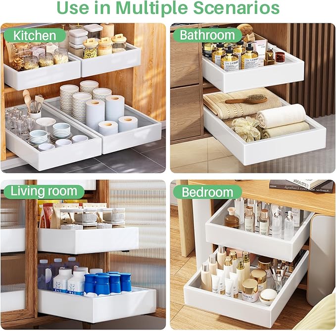 Pull out Cabinet Organizer, 21"Deep, 16.9"Wide Full-Extension Heavy Duty Slide out Drawers with Nano Adhesive, Roll Out Shelf Sliding Cabinet Storage for Kitchen, Bathroom, Pantry, Under Sink(White)