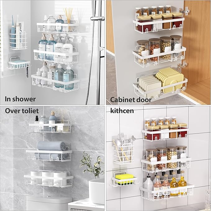 Liuoud 5 Pack Shower Caddy Organizer Rack Shelf for Inside Shower, Self Adhesive Wall Storage Basket Rustproof Stainless Steel Shampoo Holder Bathroom Accessory Decor Set, White