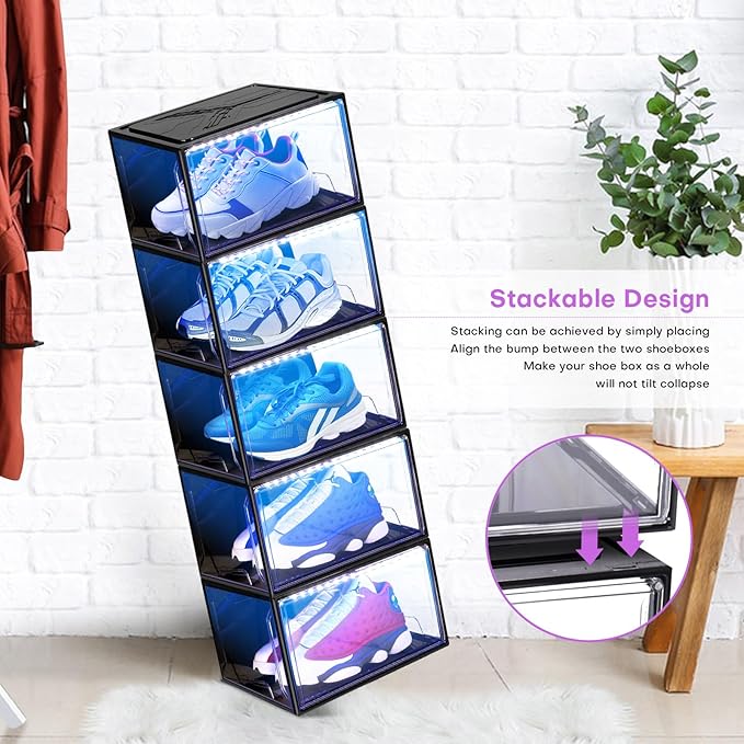 Oltraman Shoe Storage Organizer for Closet, Foldable Shoe Boxes Rack 2 pack, Clear Plastic Stackable Containers Bins Holder, Magnetic Sneaker Shelf for Sneakerheads with LED Lights (Black)